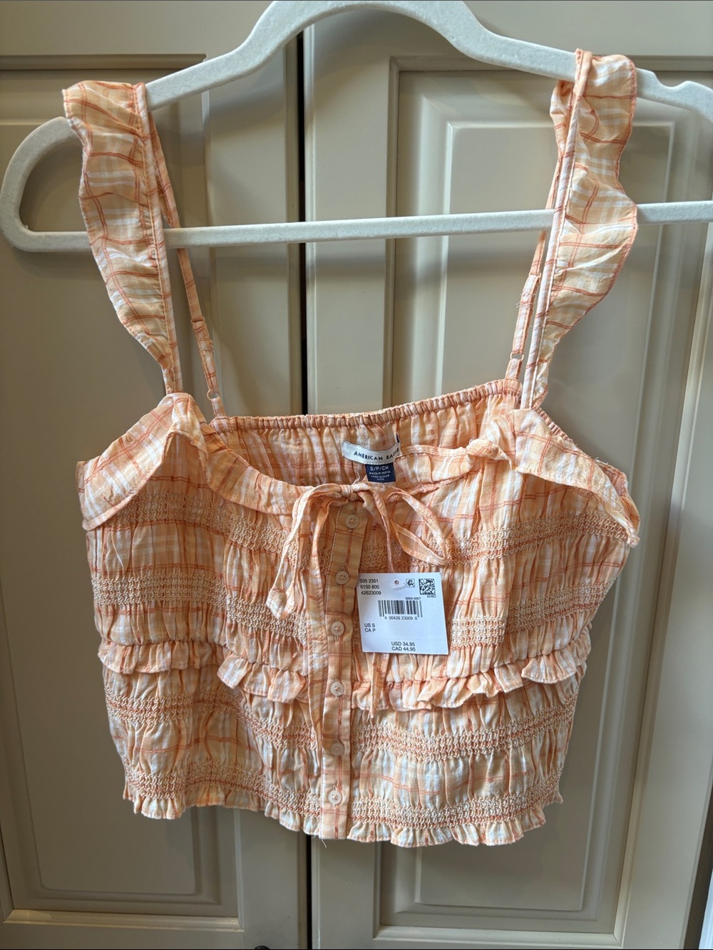 American Eagle Outfitters Peach Plaid Ruffle Smocked Crop Top